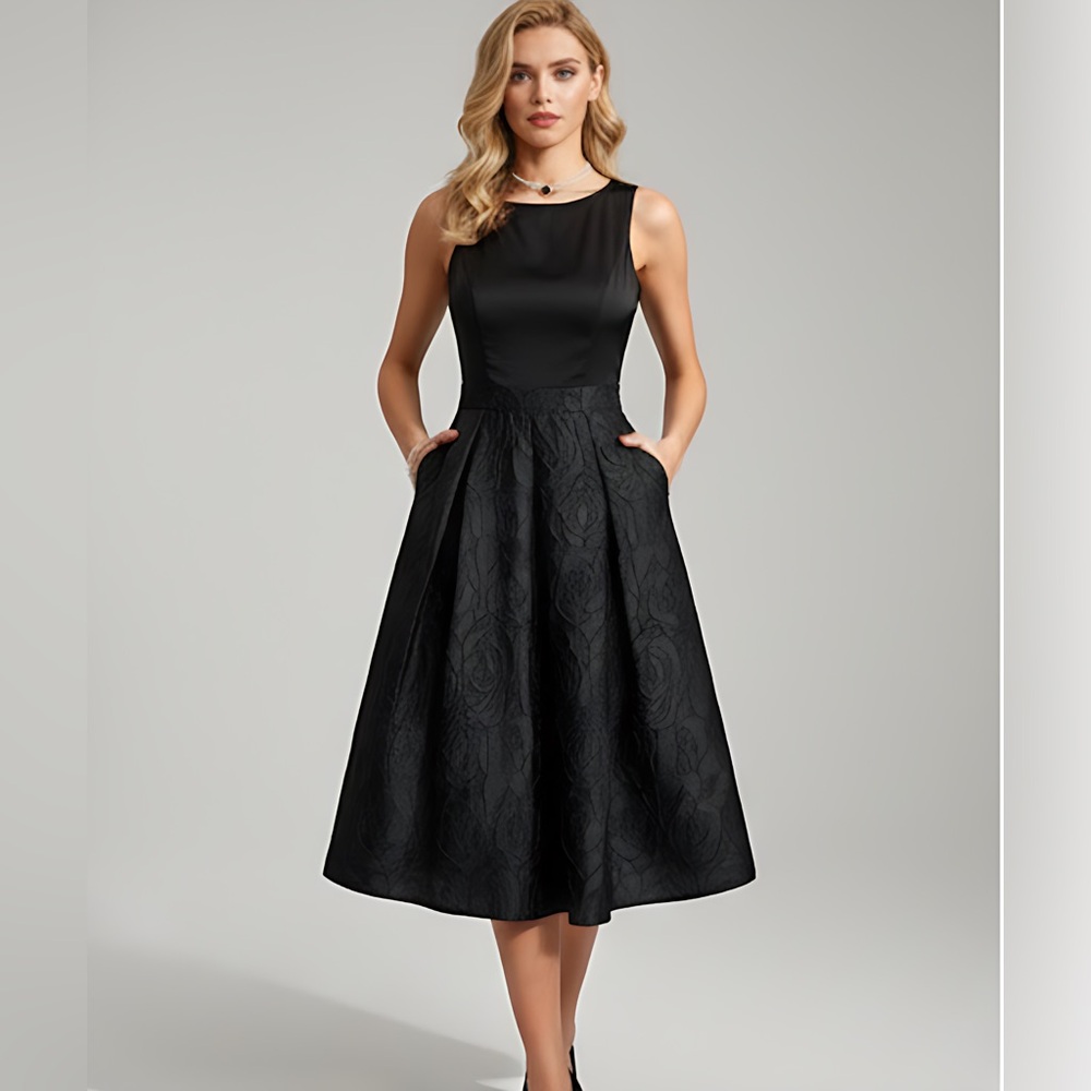 Boat Neck Party Dress With Rose Jacquard Texture Black